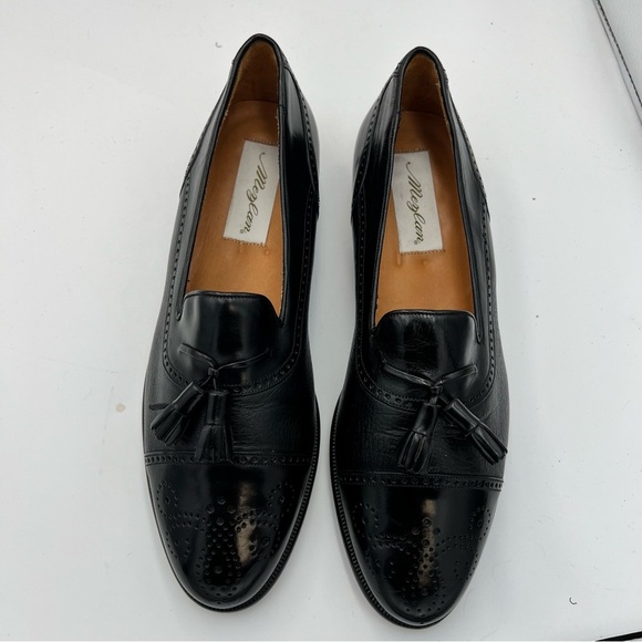 Meylan Tassel Loafers 8.5B Black Leather Cap Toe Brogue Made in Spain